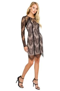 Long Sleeve Lace Bodycon Dress 9 Long Sleeve Lace Bodycon Dress -Chic Outfit Shop ACDR100156 BLACK NUDE 02
