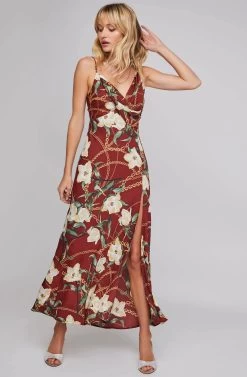 Jolie Floral Print Midi Dress -Chic Outfit Shop ACDR100419 WINE CHAIN FLORAL 1A