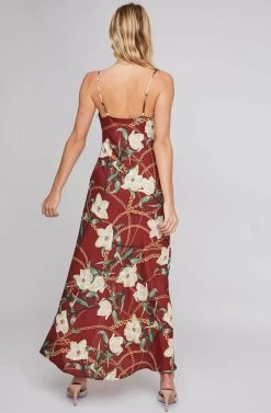 Jolie Floral Print Midi Dress -Chic Outfit Shop ACDR100419 WINE CHAIN FLORAL 4A