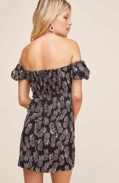 Raina Fruit Off Shoulder Dress -Chic Outfit Shop ACDR100544 BLACK CREAM PINEAPPLE PRINT 4