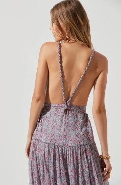 Eartha Floral Plunge Tie Waist Maxi Dress -Chic Outfit Shop ACDR100834B BLUEPINKMULTIDITSY 0581