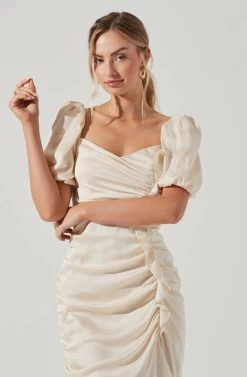 Emma Ruched Bubble Sleeve Midi Dress -Chic Outfit Shop ACDR100930D OFFWHITE 0795