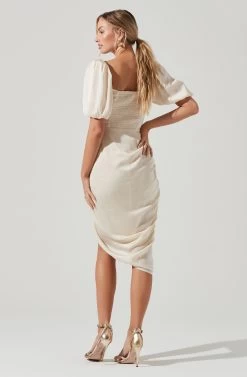 Emma Ruched Bubble Sleeve Midi Dress -Chic Outfit Shop ACDR100930D OFFWHITE 0801