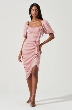 Emma Ruched Bubble Sleeve Midi Dress -Chic Outfit Shop ACDR100930D ROSE 1612