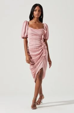 Emma Ruched Bubble Sleeve Midi Dress -Chic Outfit Shop ACDR100930D ROSE 1613
