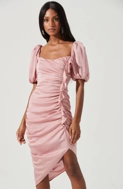 Emma Ruched Bubble Sleeve Midi Dress -Chic Outfit Shop ACDR100930D ROSE 1616