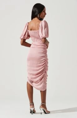 Emma Ruched Bubble Sleeve Midi Dress -Chic Outfit Shop ACDR100930D ROSE 1623