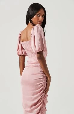 Emma Ruched Bubble Sleeve Midi Dress -Chic Outfit Shop ACDR100930D ROSE 1625
