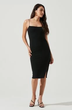 Dixon Square Neck Crinkle Midi Dress -Chic Outfit Shop ACDR101075 BLACK 1