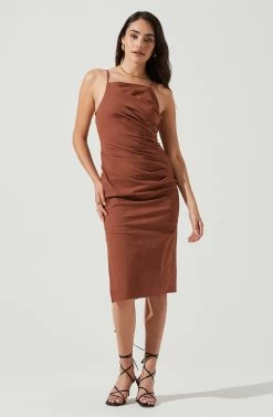 Armona Square Neck Ruched Midi Dress -Chic Outfit Shop ACDR101095 BROWN 1 8459ccb9 9023 4cf5 ab3d 15bcd0688e53