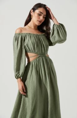Cassian Off Shoulder Cutout Tie Waist Midi Dress -Chic Outfit Shop ACDR101154 SAGE 2
