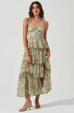 Midsummer Floral Tiered Maxi Dress -Chic Outfit Shop ACDR101226B GREENORANGEMULTIFLORAL 0707