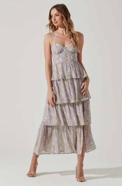 Midsummer Floral Tiered Maxi Dress -Chic Outfit Shop ACDR101226B LAVENDERYELLOWFLR 2