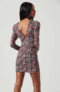 Bristol Floral Ruched Long Sleeve Mini Dress -Chic Outfit Shop ACDR101344 BLACKREDFLORAL 2020