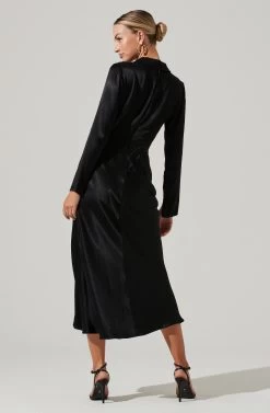 Wanda Satin Cutout Long Sleeve Midi Dress -Chic Outfit Shop ACDR101361 BLACK 08701