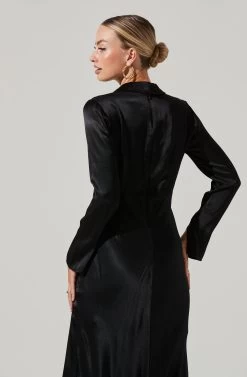Wanda Satin Cutout Long Sleeve Midi Dress -Chic Outfit Shop ACDR101361 BLACK 08721