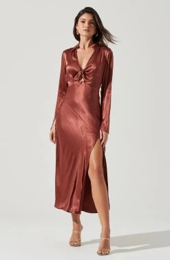 Wanda Satin Cutout Long Sleeve Midi Dress -Chic Outfit Shop ACDR101361 MARSALA 2034