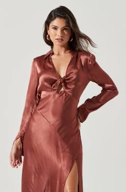 Wanda Satin Cutout Long Sleeve Midi Dress -Chic Outfit Shop ACDR101361 MARSALA 2035