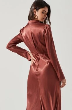 Wanda Satin Cutout Long Sleeve Midi Dress -Chic Outfit Shop ACDR101361 MARSALA 2043