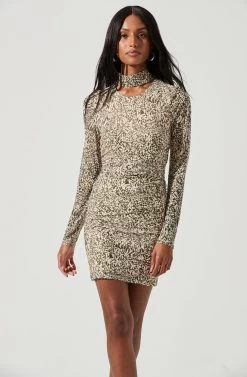 Bryn High Neck Cutout Long Sleeve Mini Dress -Chic Outfit Shop ACDR101363 OLIVECREAMCOMBO 1687
