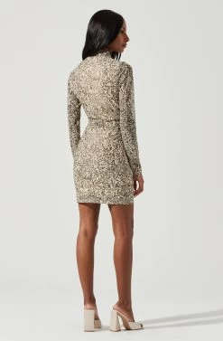 Bryn High Neck Cutout Long Sleeve Mini Dress -Chic Outfit Shop ACDR101363 OLIVECREAMCOMBO 1692