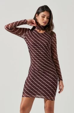 Bryn High Neck Cutout Long Sleeve Mini Dress -Chic Outfit Shop ACDR101363 WINEPINKGEO 2122
