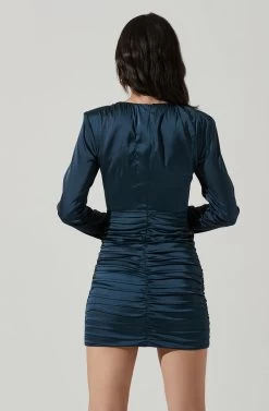 Petrova Satin Front Cutout Long Sleeve Mini Dress -Chic Outfit Shop ACDR101370 DARKTEAL 3