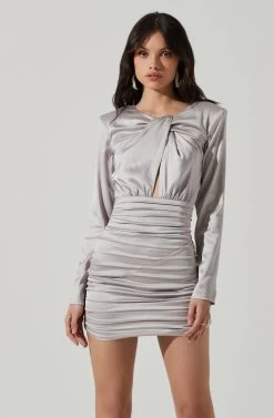 Petrova Satin Front Cutout Long Sleeve Mini Dress -Chic Outfit Shop ACDR101370 SILVER 2
