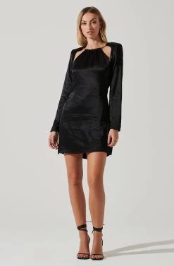 Carina Satin Chain Link Long Sleeve Mini Dress -Chic Outfit Shop ACDR101441 BLACK 1