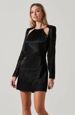 Carina Satin Chain Link Long Sleeve Mini Dress -Chic Outfit Shop ACDR101441 BLACK 2