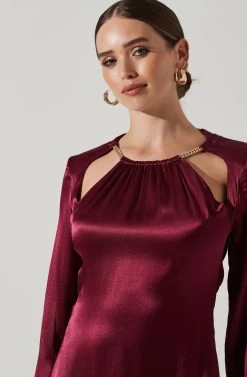 Carina Satin Chain Link Long Sleeve Mini Dress -Chic Outfit Shop ACDR101441 WINE 3