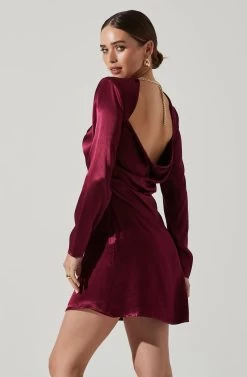 Carina Satin Chain Link Long Sleeve Mini Dress -Chic Outfit Shop ACDR101441 WINE 4