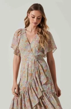 Adella Floral Flutter Sleeve Ruffle Midi Dress -Chic Outfit Shop ACDR101520C GREENPINKMULTIFLR 3