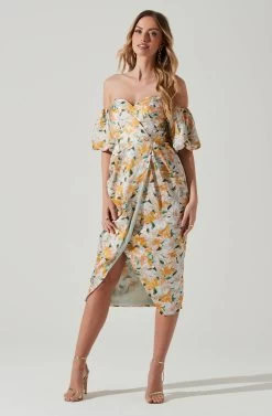 Zurina Floral Off Shoulder Midi Dress -Chic Outfit Shop ACDR101549 BLUEAPRICOTFLORAL 1