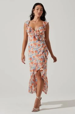 Mahalia Floral Sweetheart Ruffle Midi Dress -Chic Outfit Shop ACDR101550 BLUEORANGEFLORAL 2
