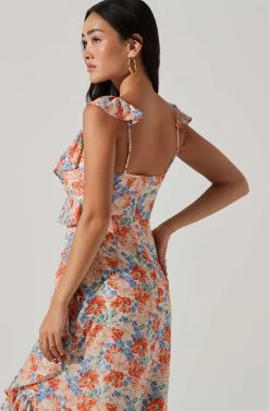 Mahalia Floral Sweetheart Ruffle Midi Dress -Chic Outfit Shop ACDR101550 BLUEORANGEFLORAL 4