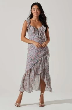 Mahalia Floral Sweetheart Ruffle Midi Dress -Chic Outfit Shop ACDR101550 LILACORANGEFLORAL 1