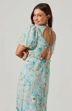 Esperanza Floral Puff Sleeve Midi Dress -Chic Outfit Shop ACDR101560 BLUEPEACHFLORAL 3