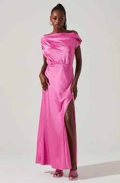 Monroe Satin Off Shoulder Maxi Dress -Chic Outfit Shop ACDR101586 PINK 1 5e800146 b145 4974 8c8c 213e5f340cc2