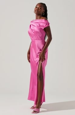 Monroe Satin Off Shoulder Maxi Dress -Chic Outfit Shop ACDR101586 PINK 2 c864764c 20d8 461e ba39 ce2996c48417