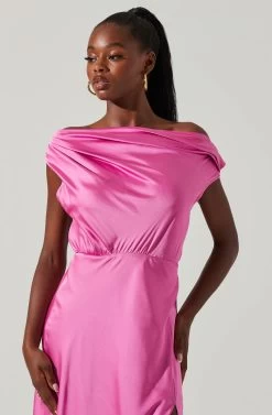 Monroe Satin Off Shoulder Maxi Dress -Chic Outfit Shop ACDR101586 PINK 3 cc3ef0ce dbeb 4fed 8953 2cbba744b111