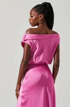 Monroe Satin Off Shoulder Maxi Dress -Chic Outfit Shop ACDR101586 PINK 5 f93063fd 88fe 4406 8765 2ec4b6332204
