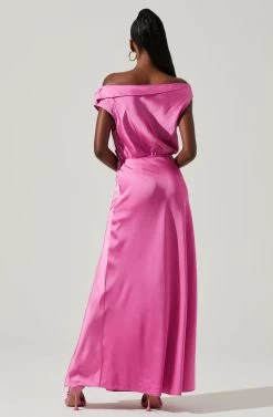 Monroe Satin Off Shoulder Maxi Dress -Chic Outfit Shop ACDR101586 PINK 6 10fdf195 aff4 45a7 9ae1 fd41b750e53b
