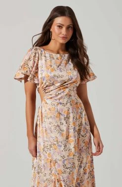 Veida Floral Cutout Midi Dress -Chic Outfit Shop ACDR101620 TANGERINEPURPLEFLR 2
