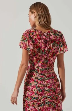Vilma Floral Ruched Midi Dress -Chic Outfit Shop ACDR101621 REDMULTIFLORAL 5