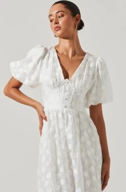 Sandy Polka Dot Puff Sleeve Midi Dress 9 Sandy Polka Dot Puff Sleeve Midi Dress -Chic Outfit Shop ACDR101622 WHITEJACQUARD 2