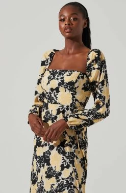 Hayden Floral Square Neck Tie Waist Midi Dress 7 Hayden Floral Square Neck Tie Waist Midi Dress -Chic Outfit Shop ACDR101623 BLACKYELLOWFLORAL 2