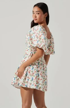 Serilda Cutout Puff Sleeve Floral Mini Dress -Chic Outfit Shop ACDR101649 REDMULTIFLORAL 3