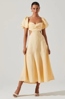 Winley Puff Sleeve Cutout Midi Dress -Chic Outfit Shop ACDR101685 LEMON 1