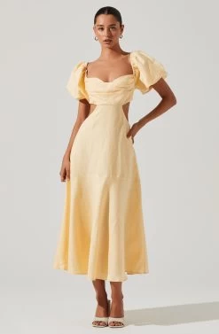 Winley Puff Sleeve Cutout Midi Dress -Chic Outfit Shop ACDR101685 LEMON 2